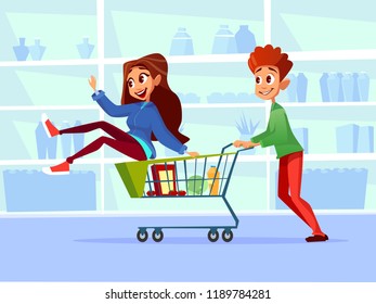 Couple riding supermarket shopping cart illustration. Flat cartoon design of young man and woman or girl and boy ride in grocery shop cart and smile or laugh among supermarket shelf - Powered by Shutterstock