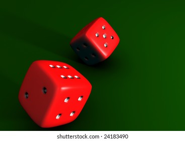 A Couple Of Rolling Six Sided Dice On A Green Background