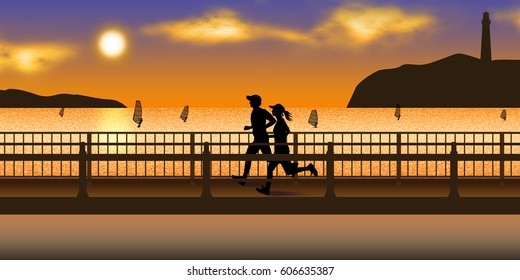 A couple running in the evening sea - Powered by Shutterstock