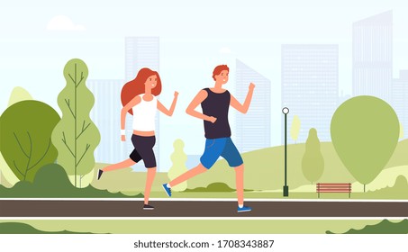 Couple running. Happy smiling guys jogging together outdoor summer park young friends training active fitness lifestyle concept