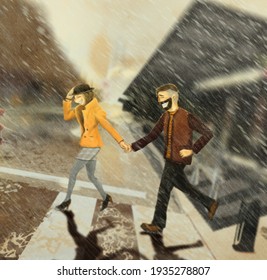 
Couple Running In The Rain Without An Umbrella