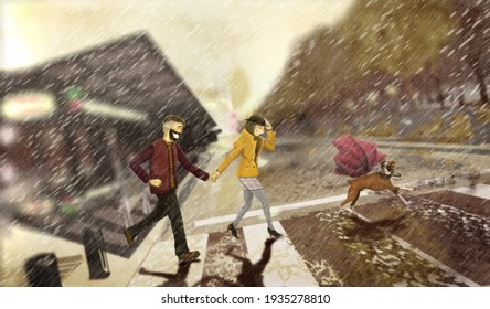 
Couple Running In The Rain Without An Umbrella