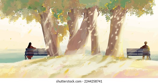 couple setting in bench under the tree in park anime digital art illustration paint background wallpaper