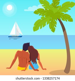 Couple sits close to each other on sand beside tall palm and looks at sailboat with white canvas out in blue sea raster illustration. - Powered by Shutterstock