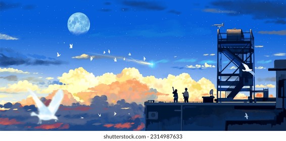 couple sitting on the roof looking eat blue night sky with moon landscape - Powered by Shutterstock