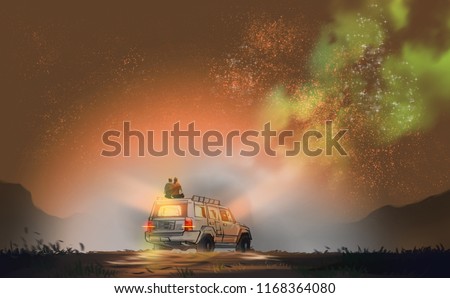 couple sitting on SUV car against milky way and star field, digital illustration art painting design style.