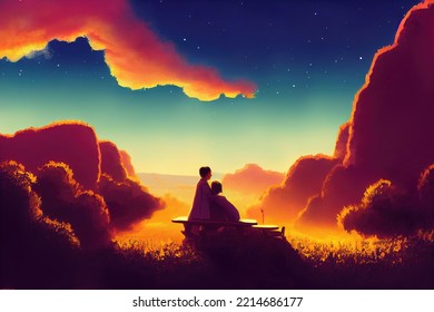 A Couple Sitting Together At A Picnic, A Sunset Animation Cartoon Art 