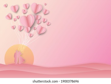 Couple standing on pink grass Full of sweet heart balloons Take it in the middle of a pink background With sunset. - Powered by Shutterstock