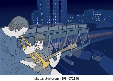 A couple of street musicians playing trumpet and guitar