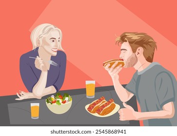 A couple is talking and eating, man eats the hot dog, while the girl eats salad accompanied by orange  Vector illustration. People concept. Illustration for magazine and website design. Bar theme. - Powered by Shutterstock