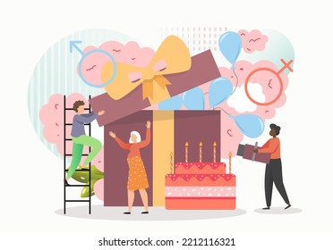 Couple Waiting For Baby Girl Boy, Flat Illustration. Happy Pregnant Woman, Husband Opening Gift Box With Blue Balloons, Flapper With Pink Smoke, Big Cake. Baby Gender Reveal Announcement Party.