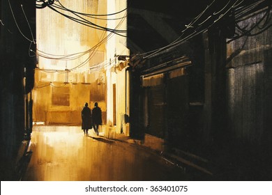 Couple Walking In Alley At Night,illustration Painting