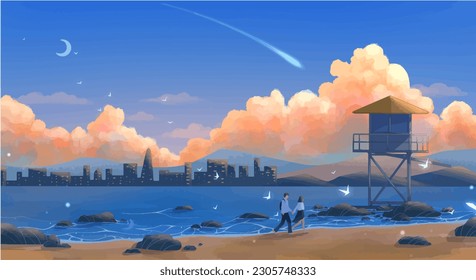 Couple walking by coral sea beach holding hands digital art illustration - Powered by Shutterstock