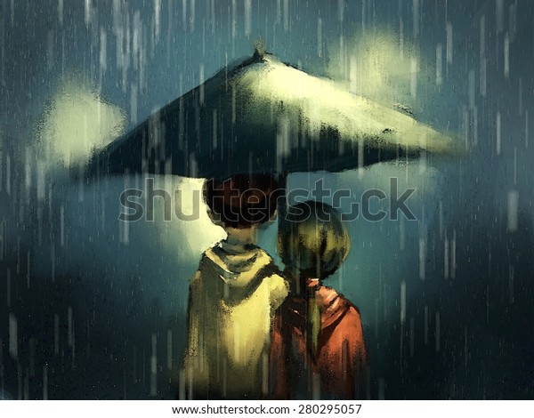 Couple Walking Rainy Watercolor Illustration Stock Illustration 