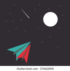 Couple Watching Star Fall, Moon Gazing Beautiful Flat Illustration With Paper Planes For Valentine's Day. Love Concept. Dark Background With Moon And Stars.