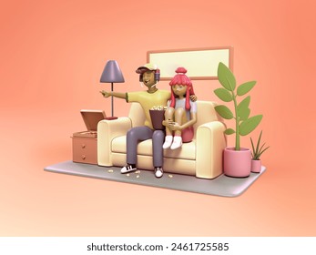 Couple watching tv - cartoon home 3d illustration - Powered by Shutterstock