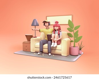 Couple watching tv - cartoon home 3d illustration - Powered by Shutterstock