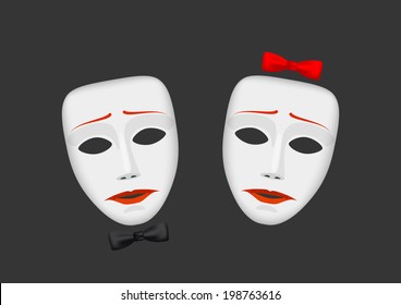 Couple Of White Unhappy Male And Female Masks On Dark Background. Raster Version Of Vector File