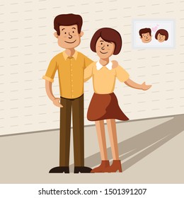 Couple of young man and woman vector flat style love illustration, Casual girl, guy, family holding hearts around, Romance and Saint Valentines Day concept - Powered by Shutterstock