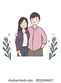 Couple of young people in love. Man hugs woman's shoulder. Illustration in cute cartoon style.