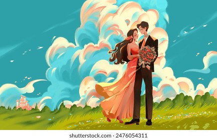 Couples embrace on outdoor grassland, Lover's Day illustration - Powered by Shutterstock