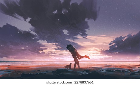 couples embracing each other in love on the beach , digital art style, illustration painting - Powered by Shutterstock