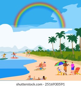 Couples and friends having fun on a beautiful beach and a rainbow in the blue sky.  - Powered by Shutterstock