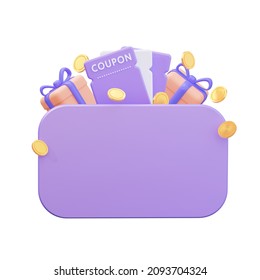 A coupon with a gift in the form of coins and a purple empty board. Isolated on a white background. 3D rendering.