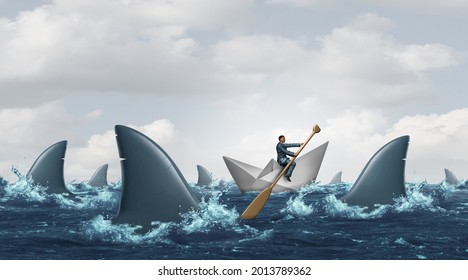 Courage business concept and navigating through troubled waters as a survival strategy solution from risk as a success metaphor to overcome fear and succeed with 3D illustration elements.