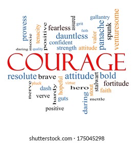 Courage Word Cloud Concept with great terms such as strength, gallantry, bold and more.