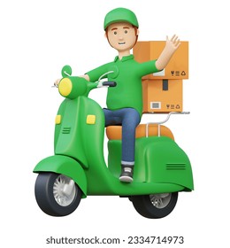 courier delivery package riding scooter motorcycle 3d cartoon illustration - Powered by Shutterstock