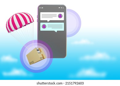 Courier Phone On Sky Background. Courier Company Concept Application. Courier Service Website. Choosing Parcel Delivery Service Provider. Search Postal Smartphone. Phone On Sky Background. 3d Image.