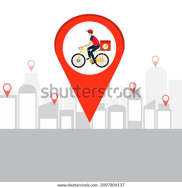 Courier ride vintage\
bike with parcel box of pizza on the check in point of city\
background with map location, Food delivery boy with fast and free\
shipping concept, car free\
day.