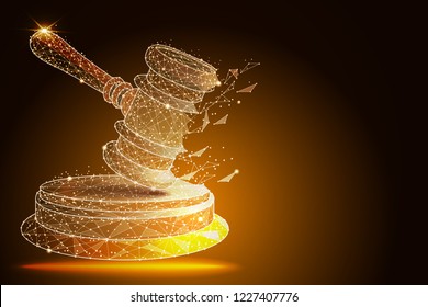 Court, Judgment, Bid, Auction Concepts. Judge Gavel, Auction Hammer. Abstract Design In The Form Of Outer Space And Constellations. Isolated From Low Poly Wireframe,polygonal Image.  Illustration