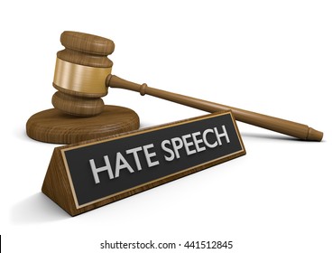 Court Law Justice Symbols And A Sign That Says Hate Speech, 3D Rendering