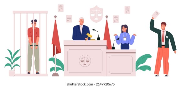 Court Room Interior, Trial Process With Lawyer Protect Defendant. Courthouse During Trial Process, Judge, Lawyer And Accused  Illustration. Court Justice Scene. Courtroom With Judge