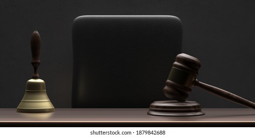 Court Room, Judge Office. Law Gavel And Bell On Wooden Desk, Empty Chair. Dark Room, Black Wall Background, Law Or Auction Concept. 3d Illustration