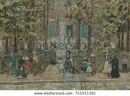 COURT YARD, WEST END LIBRARY, BOSTON, by Maurice Brazil Prendergast, 1900_1901, Canadian-American drawing. Watercolor, gouache, and charcoal on paper. Post-impressionist influenced painting of the lib