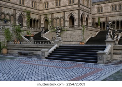 Courtyard with large staircases in a large old mansion house or palace. 3D illustration.
