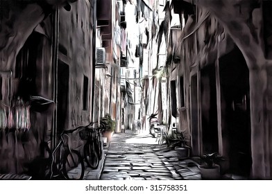 完了しました Alleyway At Night Drawing