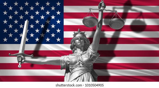 Cover about Law. Statue of god of justice Themis with Flag of USA background. Original Statue of Justice. Femida, with scale, symbol of justice with USA flag 3d rendering. - Shutterstock ID 1010504905