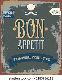 cover for the menu,a road sign of a French cafe in vintage style with the inscription bon appetit