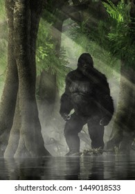 Covered In Dark Hair, The Skunk Ape Has Many Names. It's A Bigfoot Like Creature Of Legend In The Southeastern U.S. Said To Inhabit Swamps And Marshes.  3D Rendering