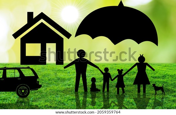 Covered Family Paper cut Concept. happy paper family\
under umbrella with house and car in nature grass and blurry green\
background. family insurance and Healthy environment concept 3D\
illustration 