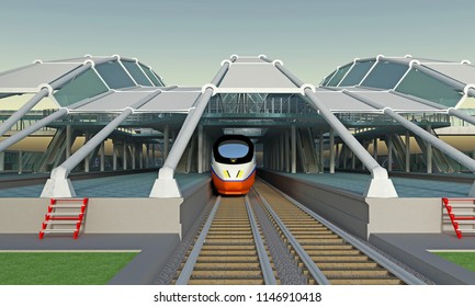 Covered Train Station Front View. 3d Rendering