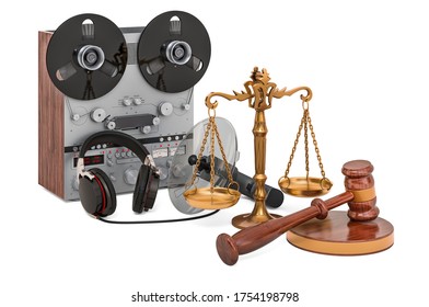 Covert Listening Device With Wooden Gavel And Scales Of Justice. 3D Rendering Isolated On White Background