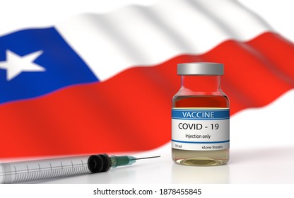 COVID 19 Chile Vaccine Approved And Delivered.  Chile Vaccination Against Corona Virus SARS CoV 2, NCoV 2020 2021. Vaccin Bottle And Chile Flag. 3D Illustration. Omicron