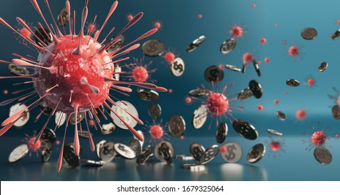 Covid 19 Corona Virus Bacteria Destroy Damage Immune System Cell Destroy Lungs. Infection Severe Respiratory Spread. Fall Of Economy Crisis Coins Money Dollar Cash Finance Investment. 3D Illustration.