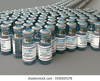 Covid 19 Corona Virus Drug Vaccine Vials Medicine Bottles Syringe Injection. SARS-CoV-2 Vaccination, Immunization, Treatment To Cure Covid 19 Corona Virus Infection. Medical 3d Rendering Concept.