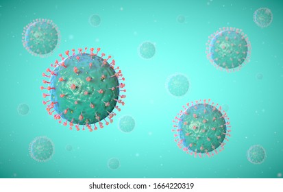 Covid 19 Corona Virus SARS Cell. Microscopic realistic 3D illustration close up shot of multiple virus cells with envelope and envelope proteins on bright turquoise background